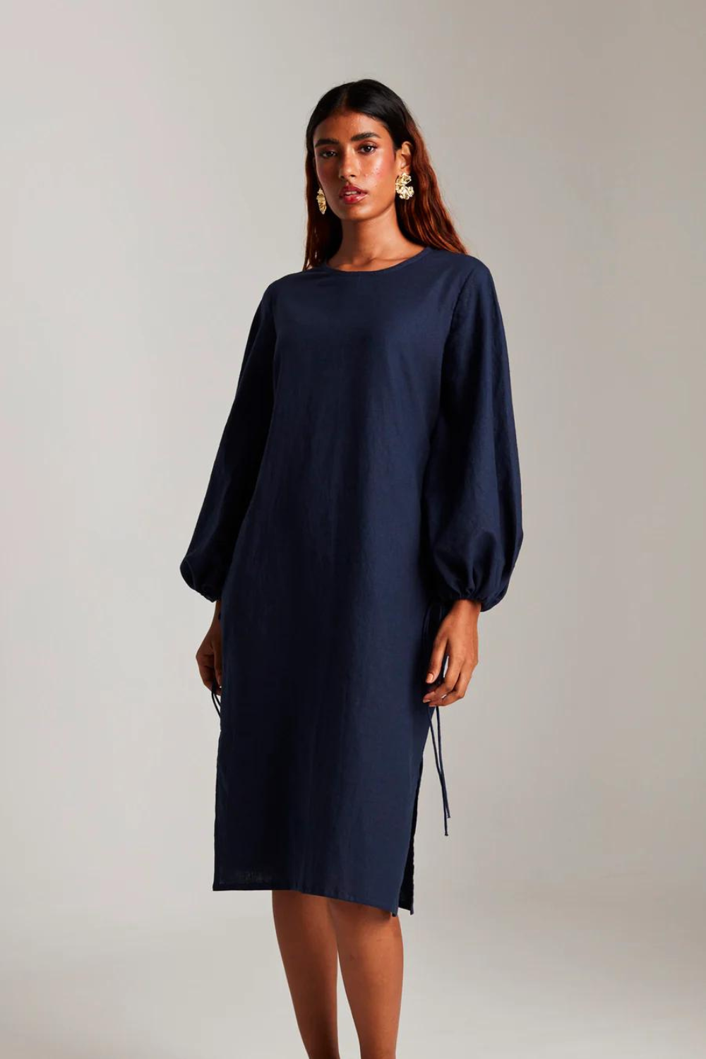 Navy Co-Linen Balloon Sleeves Dress