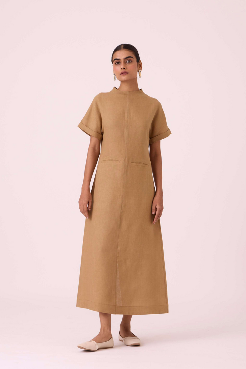 Salome Tan Linen Dress linen by The Summer House in olive color for women Worldwide