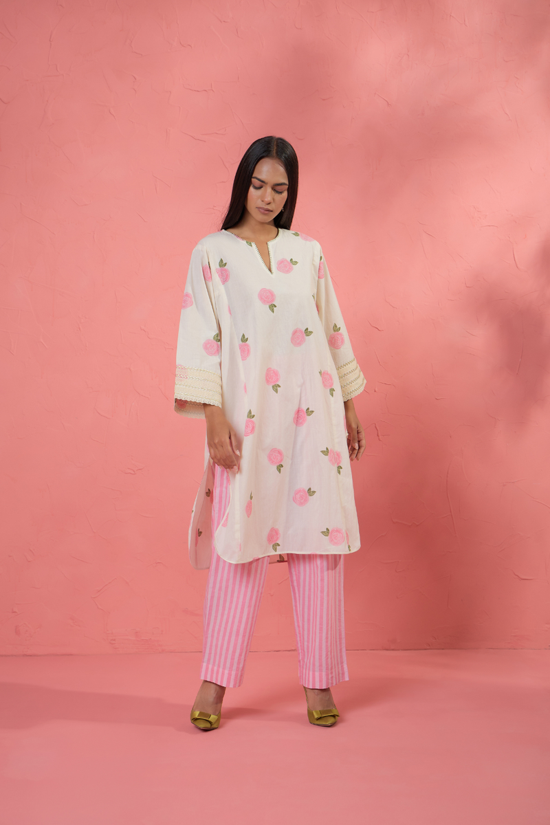 Gul Rose Set 3 cotton cambric light kurta set by AAVIDI in off white for women Worldwide