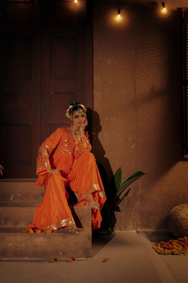Mangala Peplum Co-ord Set- Orange silk by PRAHNAAYA in orange color for women Worldwide
