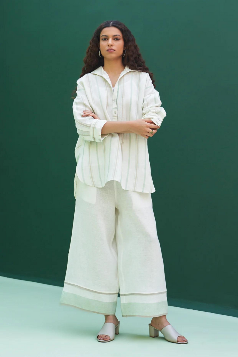 Kiku Striped Linen Shirt
 - Mint linen by Manan in mint color for women Worldwide