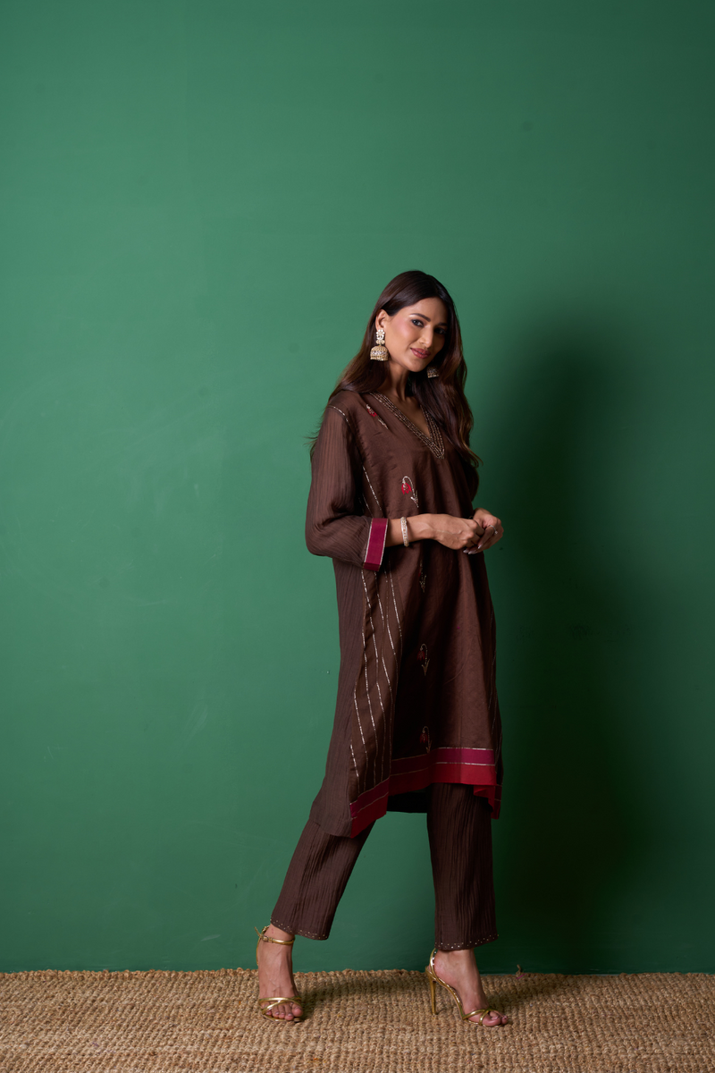 Glee Kurta Set - Brown with Dupatta organza by Priti Prashant in brown color for women Worldwide