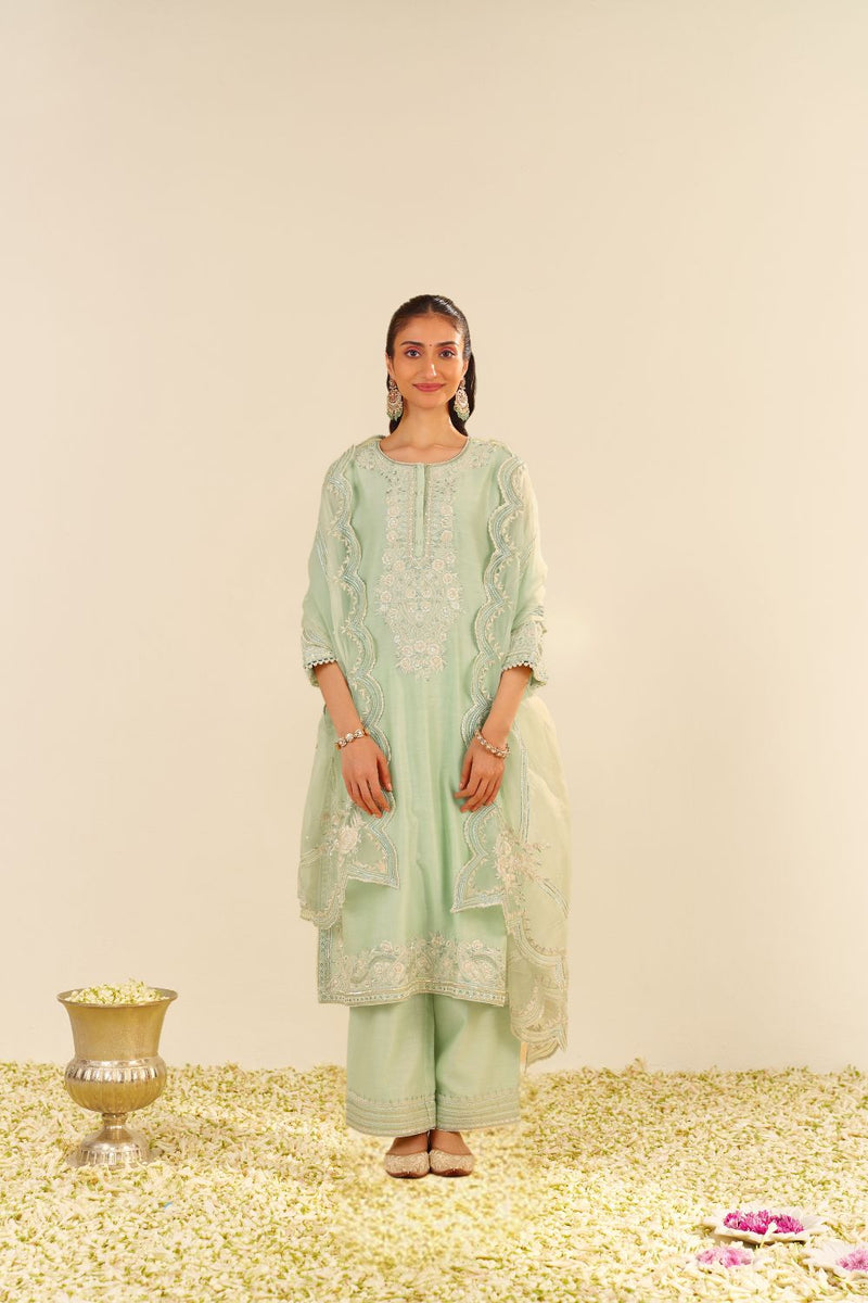Sereen - A-Line Kurta With Palazzo And Dupatta-Mint Green silk by SHEETAL BATRA in mint color for women Worldwide