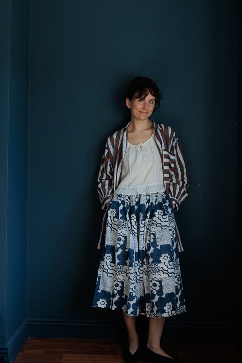 Oxford Skirt-Floral Blue handwoven cotton skirt by World of Crow in multicolor for women Worldwide