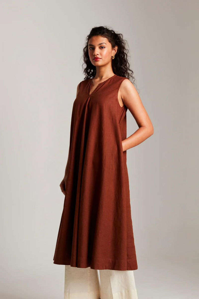 Mocha Co-Linen Sleeveless Flared Kurta cotton by Saphed in brown color for women Worldwide