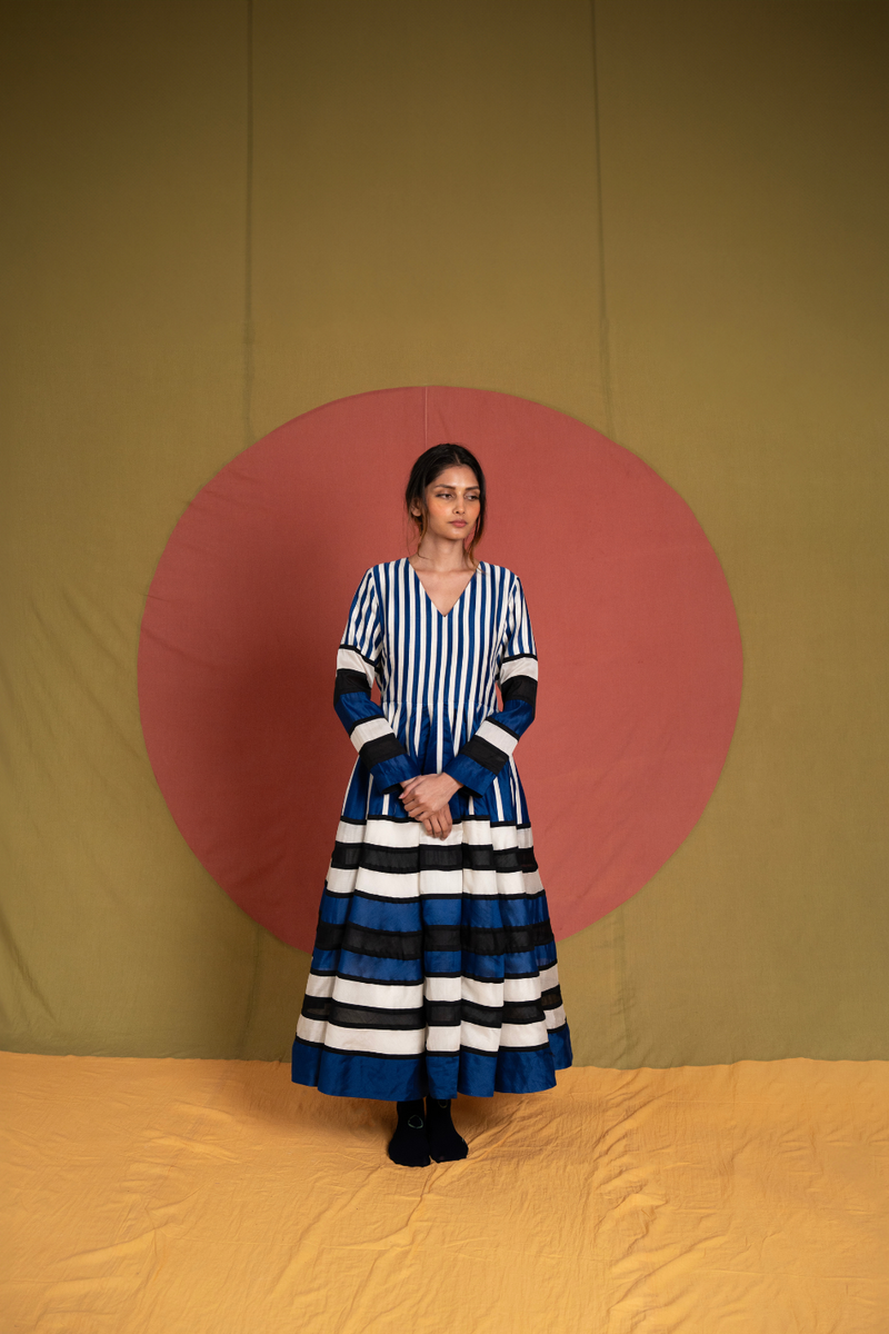 Rango Dress-Black Blue and White chanderi dress by Ka-Sha in blue for women Worldwide
