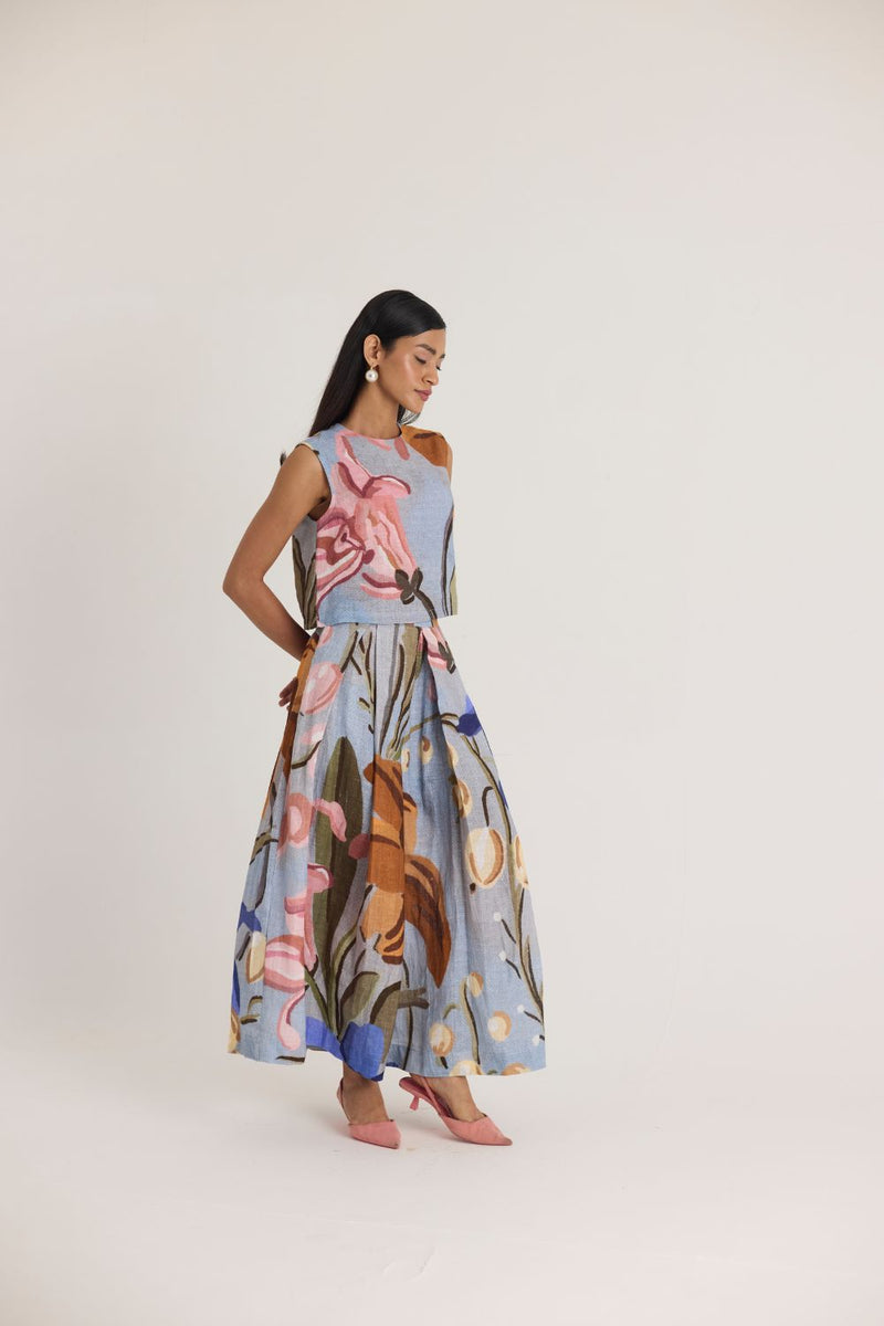 NICO LINEN TOP & SKIRT SET by Yam in blue color for women Worldwide