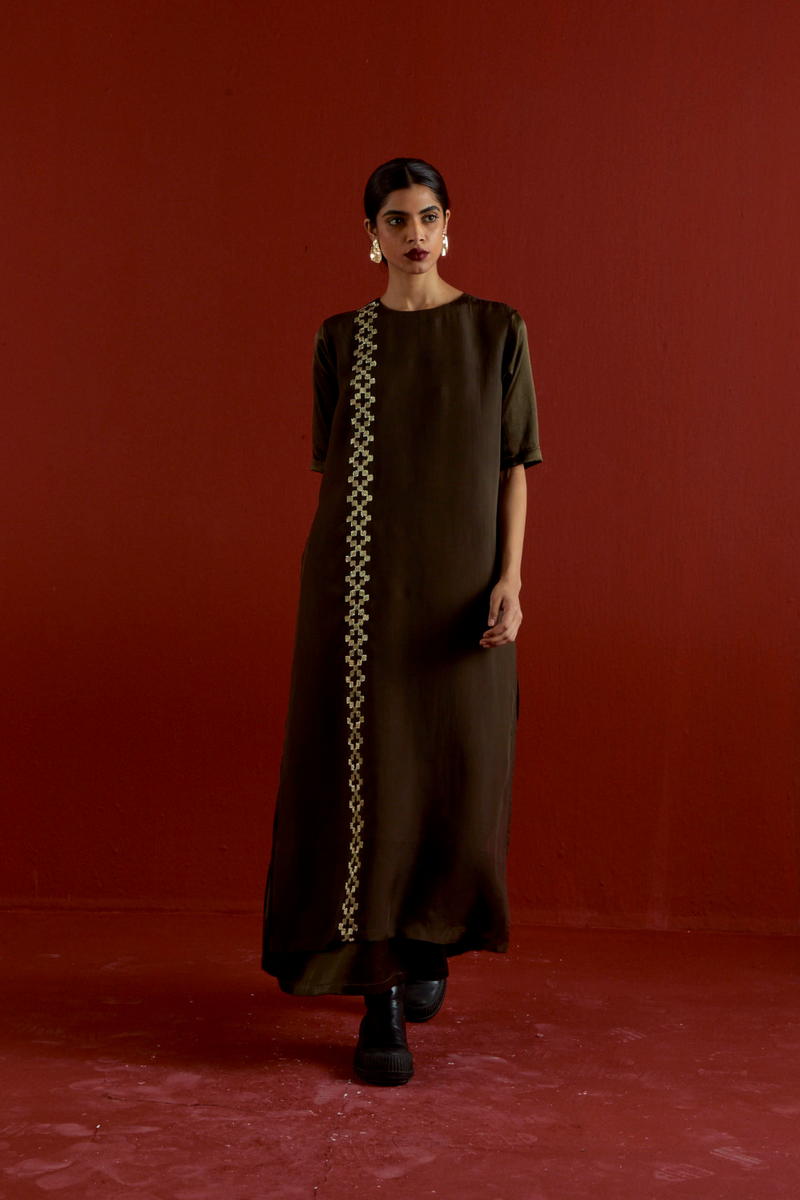 GOTA PATTI DETAIL DOUBLE LAYER DRESS-DARK OLIVE satin by THREE in olive color for women Worldwide