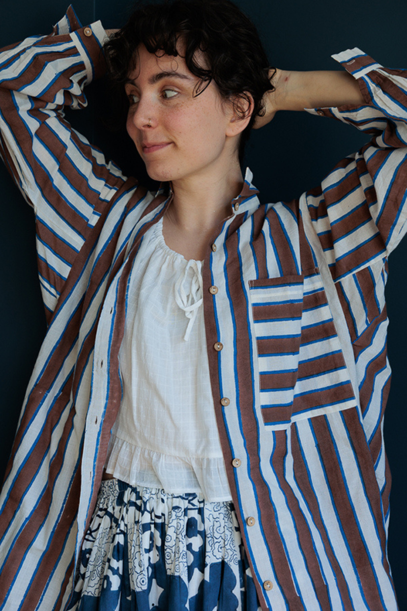 Artist Smock-Brown stripes handwoven cotton top/shirt by World of Crow in multicolor for women Worldwide