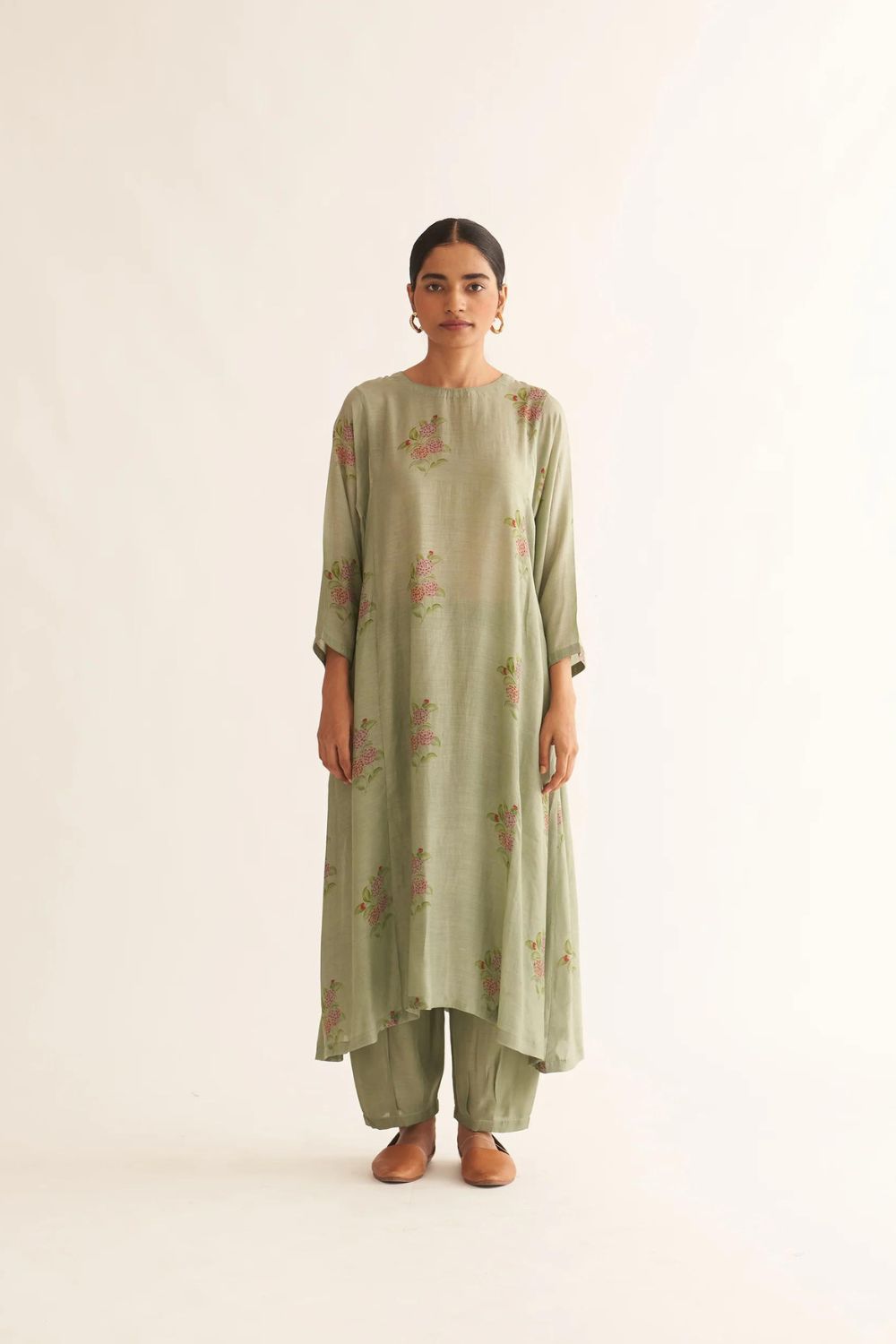 EVANI SAGE GREEN SILK FLORAL PRINT KURTA SET