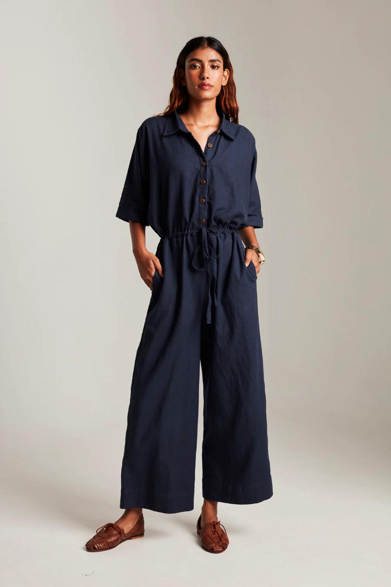 Navy Co-Linen Boilersuit cotton by Saphed in navy color for women Worldwide