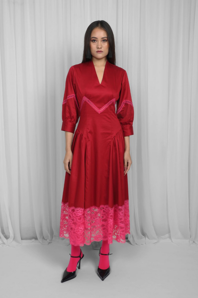 Belinda Dress-Red & Pink 100% cotton by Leh Studios in multi color for women Worldwide