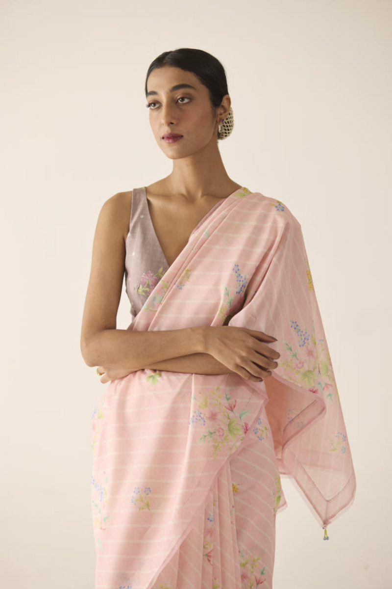 Wildflower Bunch Silk and Cotton Chanderi Sari silk by Nadiya Paar in pink color for women Worldwide