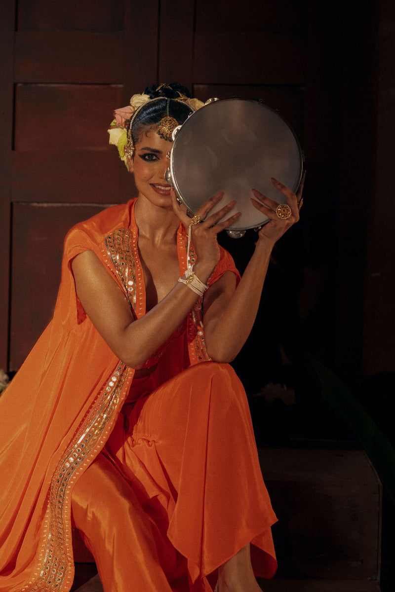 Mangala Blouse Skirt & Cape Set- Orange silk by PRAHNAAYA in orange color for women Worldwide