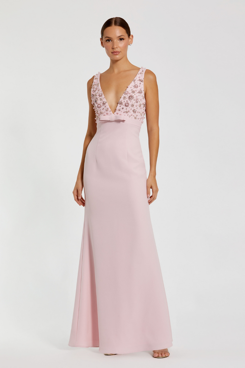 2278-V Neck Gown With Bow-Blush by Mac Duggal in blush color for women Worldwide