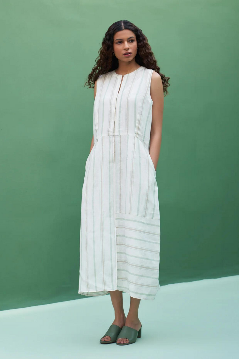 Una Striped Linen Sleeveless Dress
 - Mint linen by Manan in mint color for women Worldwide