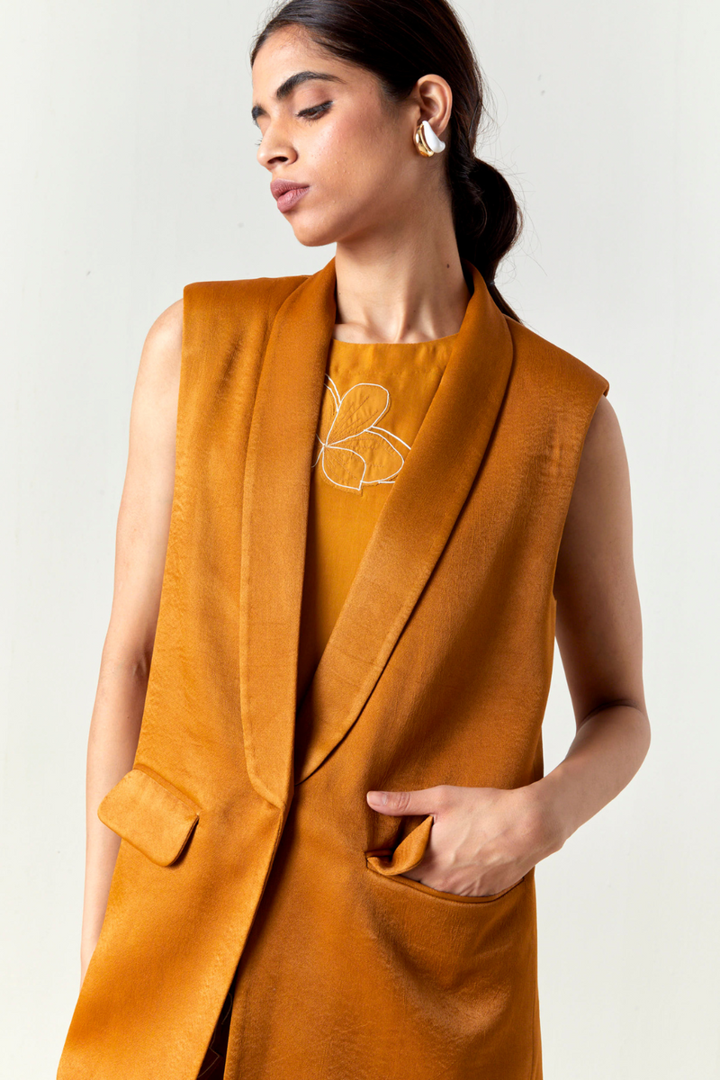COLLARED WAIST COAT CO-ORD-OCHRE satin by THREE for women Worldwide