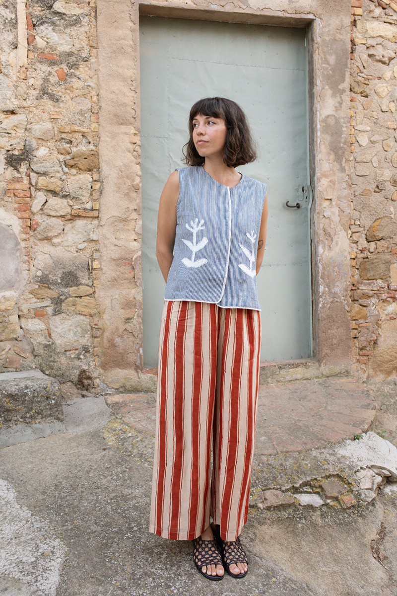 Zebra Stroll Pants-Red Stripes handwoven cotton pant/trouser by World of Crow in multicolor for women Worldwide