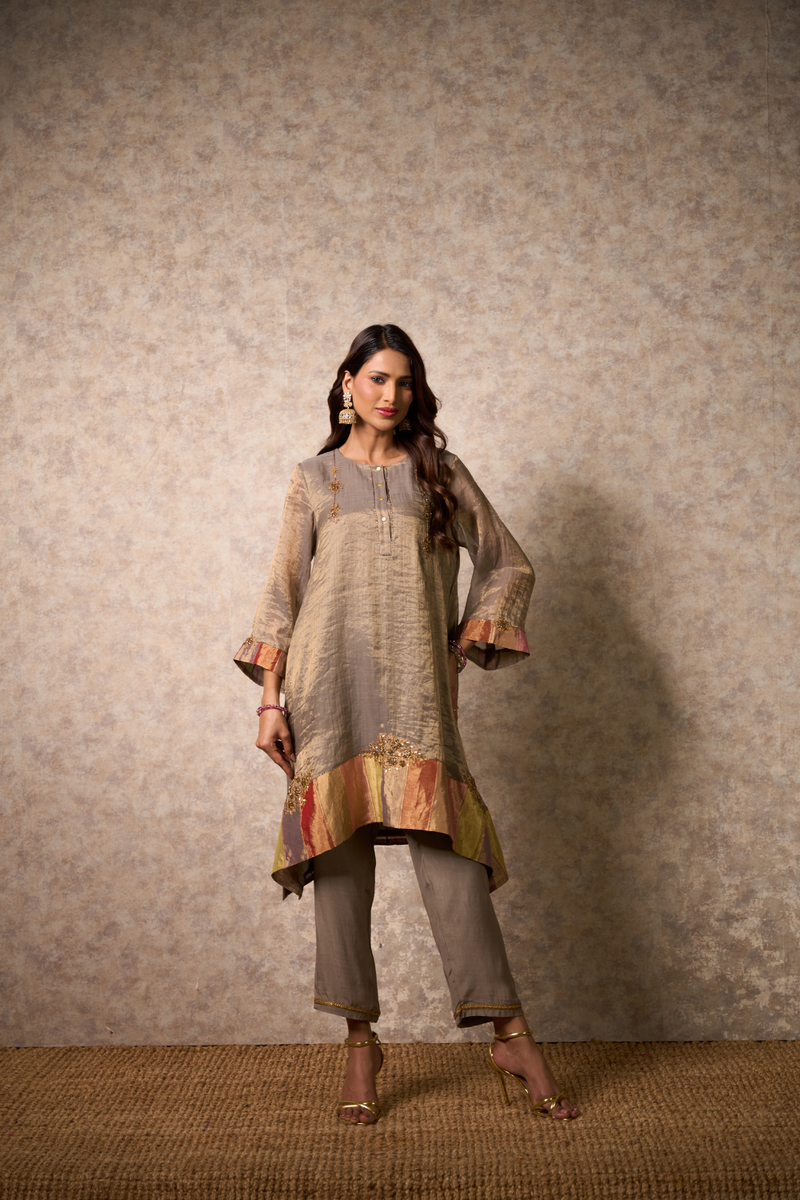 Zing Kurta Set - Grey tissue by Priti Prashant in grey color for women Worldwide