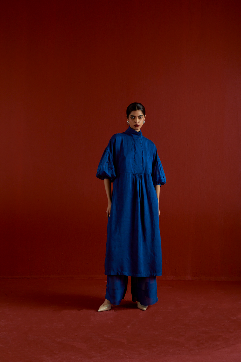 TURTLE NECK TUNIC CO-ORD-ELECTRIC BLUE silk by THREE in blue color for women Worldwide