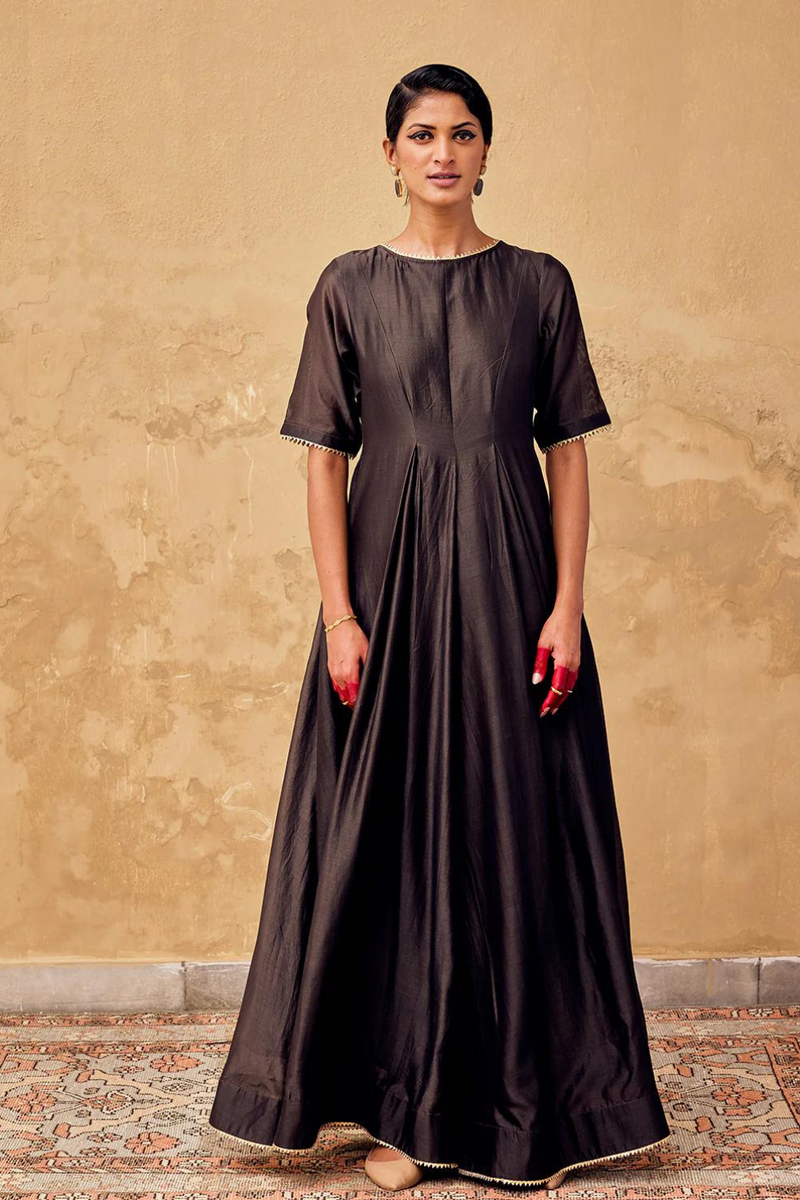 Shaam Jumpsuit chanderi by Khara Kapas in charcoal for women Worldwide