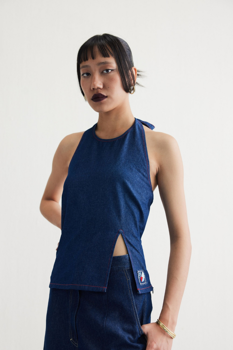 Deepwater Denim Halter Top cotton by SUI in blue color for women Worldwide