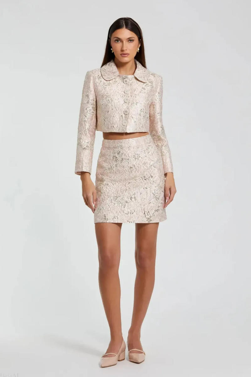 Pink Brocade Mini Skirt brocade by Mac Duggal in blush color for women Worldwide