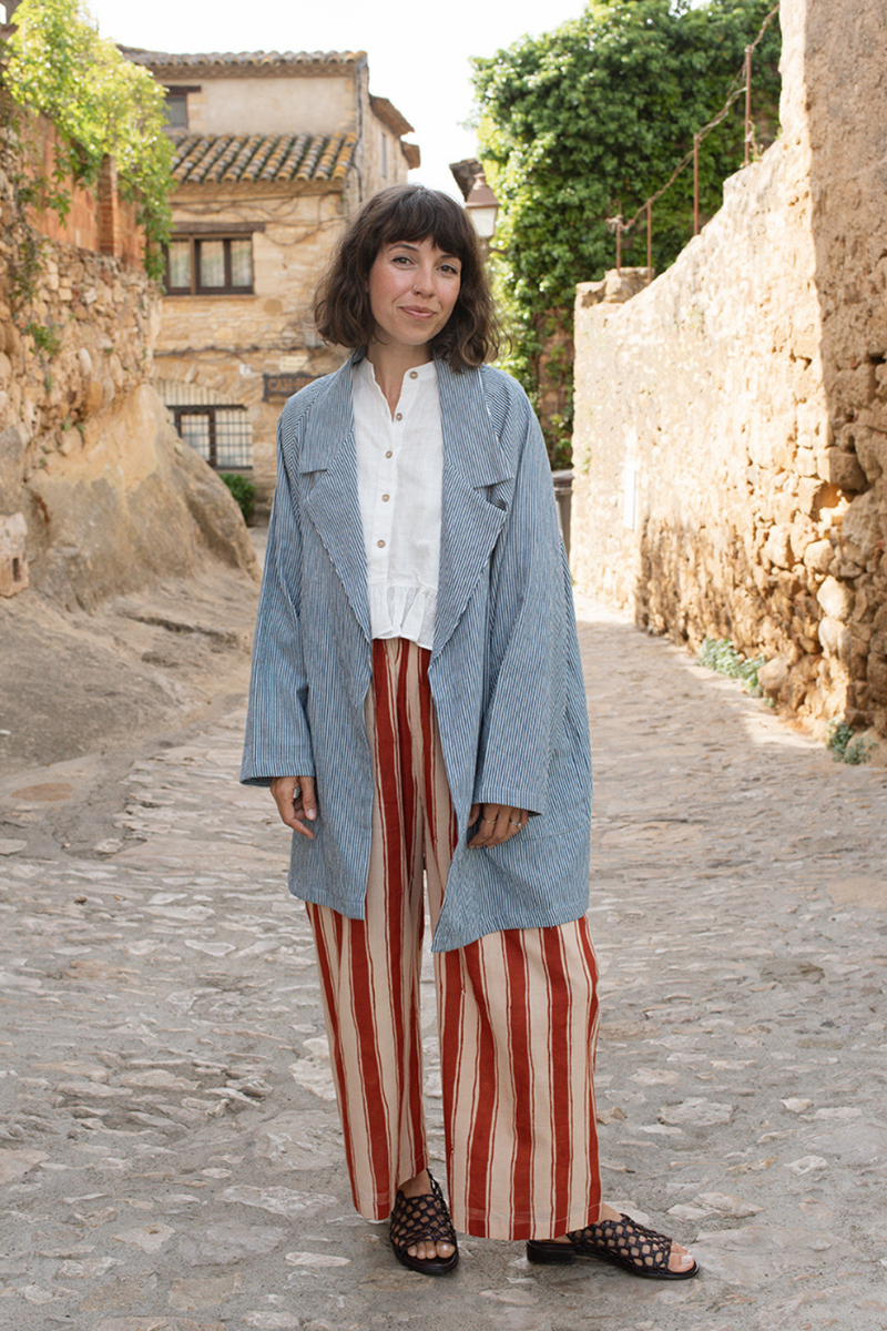 The Artist Coat-Blue Stripe handwoven cotton jacket/overlay by World of Crow in multicolor for women Worldwide