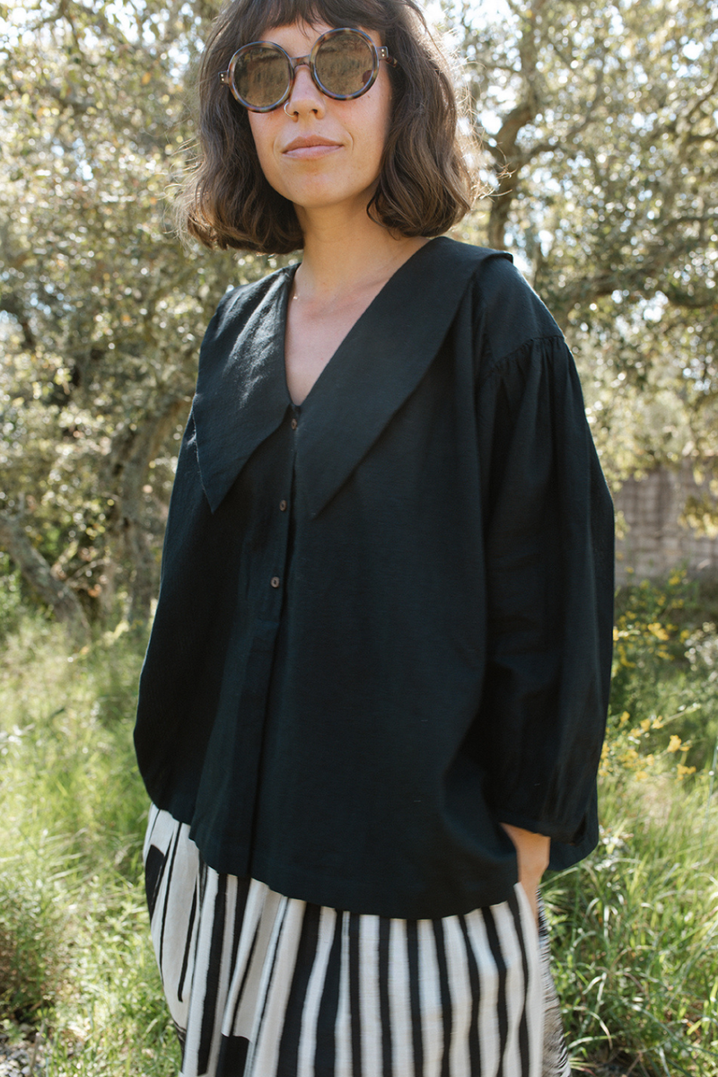 Foundational Blouse-Black cotton muslin top/shirt by World of Crow in black for women Worldwide