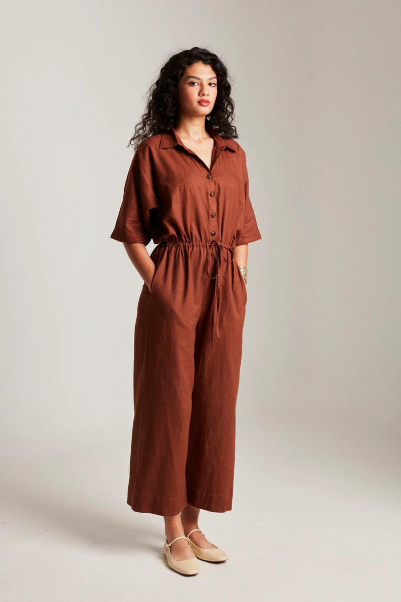 Mocha Co-Linen Boilersuit cotton by Saphed in brown color for women Worldwide