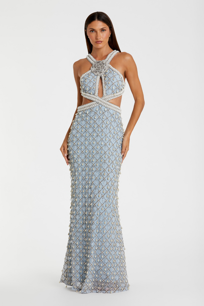 10098-Pearl Embellished Gown-Vintage Blue by Mac Duggal in blue color for women Worldwide