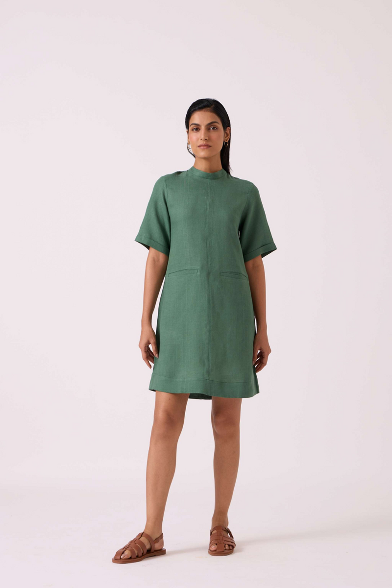 Tula Green Linen Shift Dress by The Summer House in green color for women Worldwide