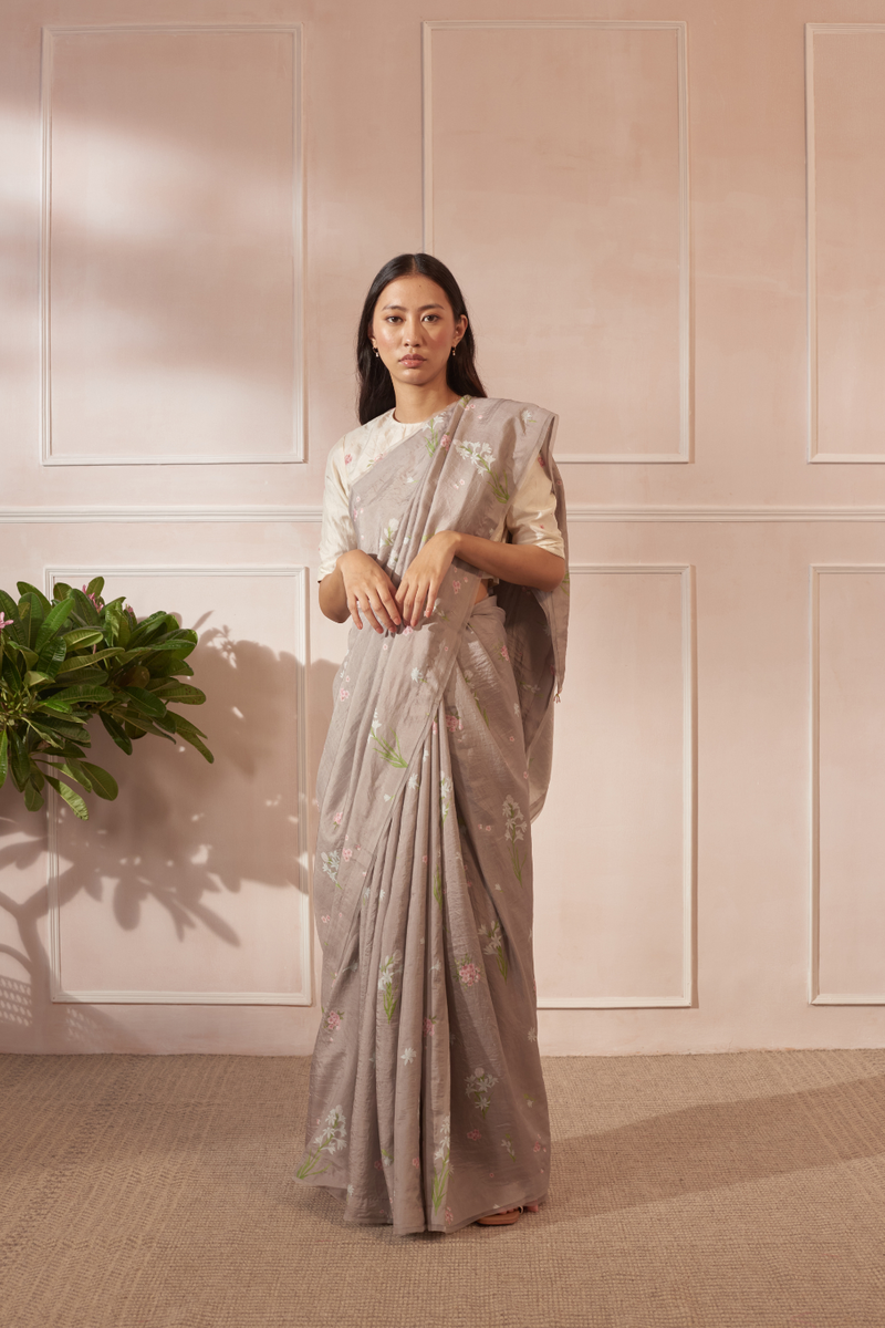 Rajnigandha and Periwinkle Mulberry Silk Sari silk by Nadiya Paar in brown color for women Worldwide