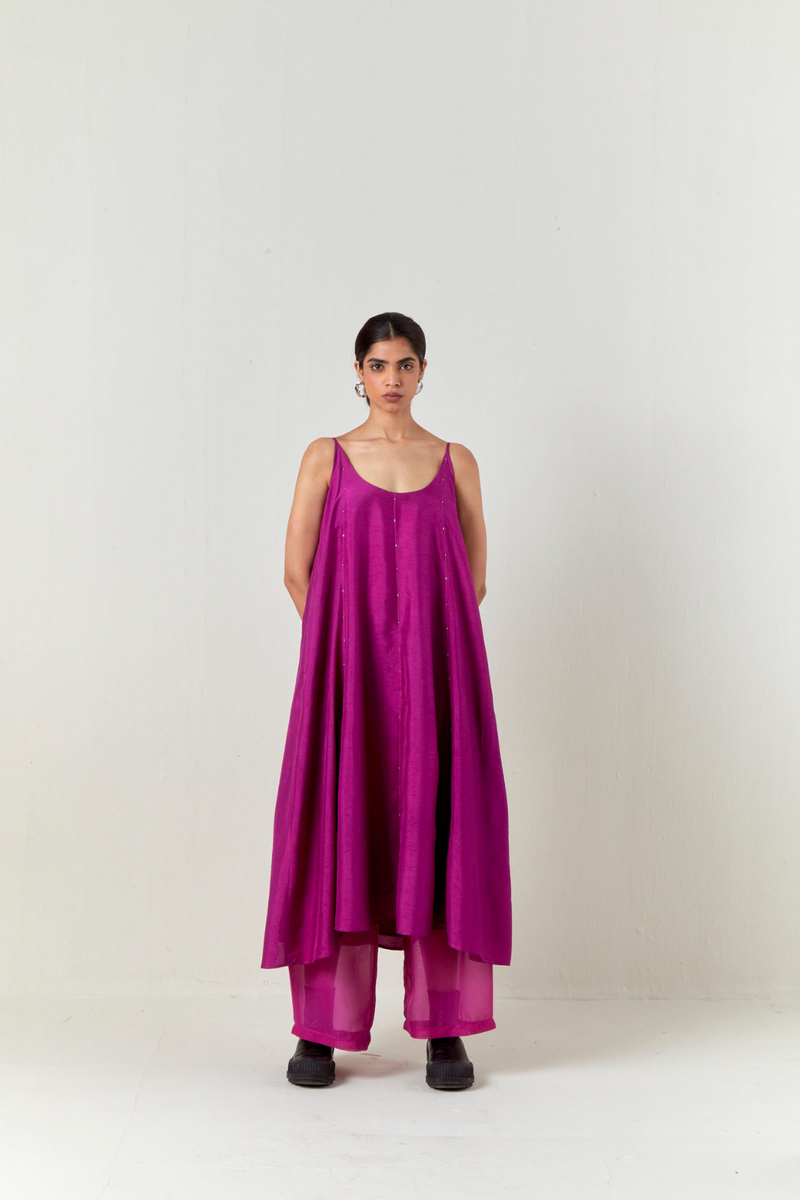 PANELED EMBROIDERED TUNIC CO-ORD-FUCHSIA silk by THREE for women Worldwide