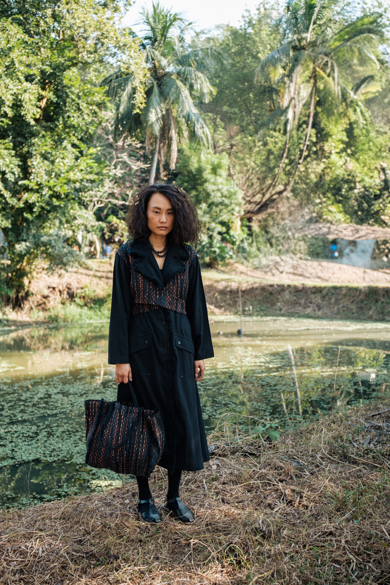 Upcycled Handwoven Copenhagen Trench - Black Copper cotton by The Terra Tribe in black color for women Worldwide