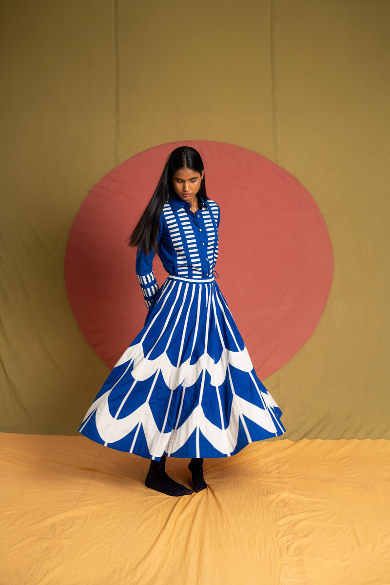 Scala Simp Skirt-Blue and White cotton skirt by Ka-Sha in blue for women Worldwide