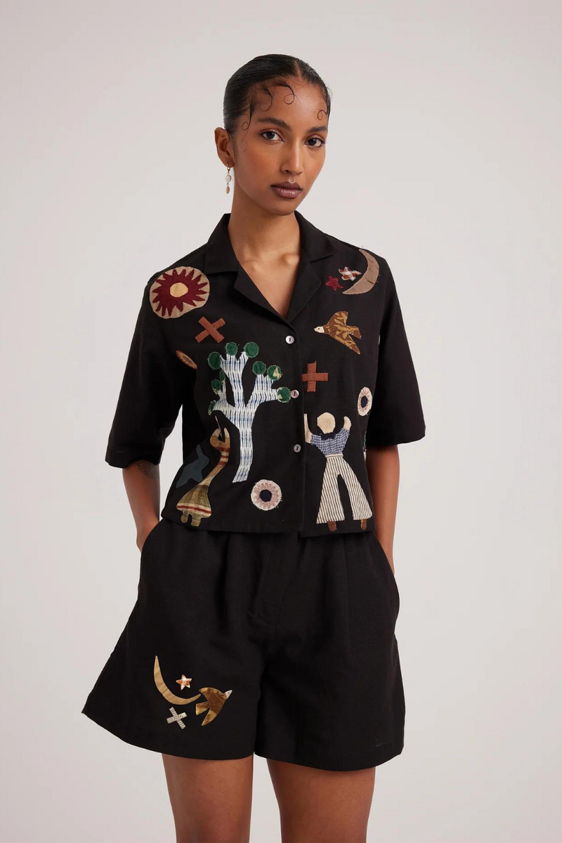 Crop Shirt-Applique Black rayon by CORD for women Worldwide