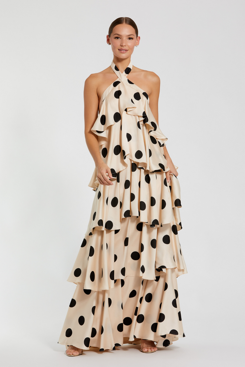 27540-Polka Dot Charmeuse Gown-Cream Black by Mac Duggal in black color for women Worldwide