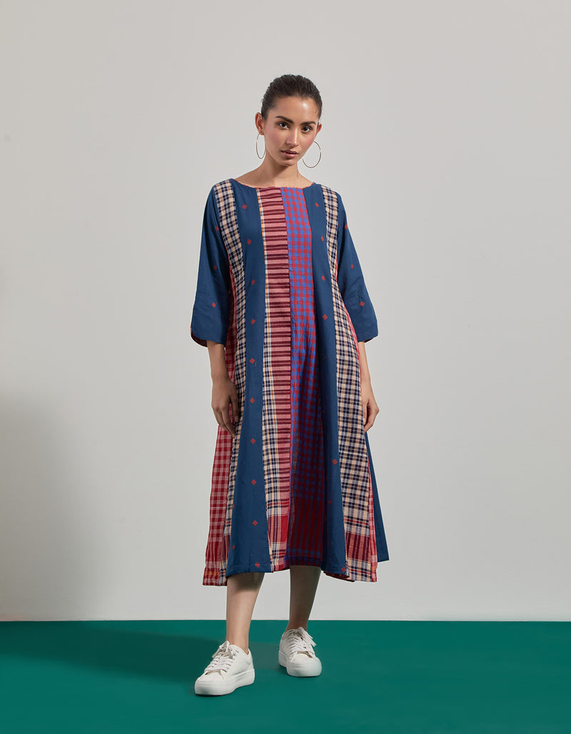 Deep Sea 16 Panelled Dress cotton,gamcha dress by 145 East in blue for women Worldwide
