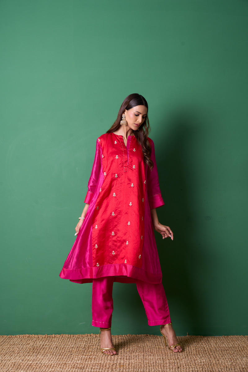 Delight Kurta Set - Red silk by Priti Prashant in red color for women Worldwide