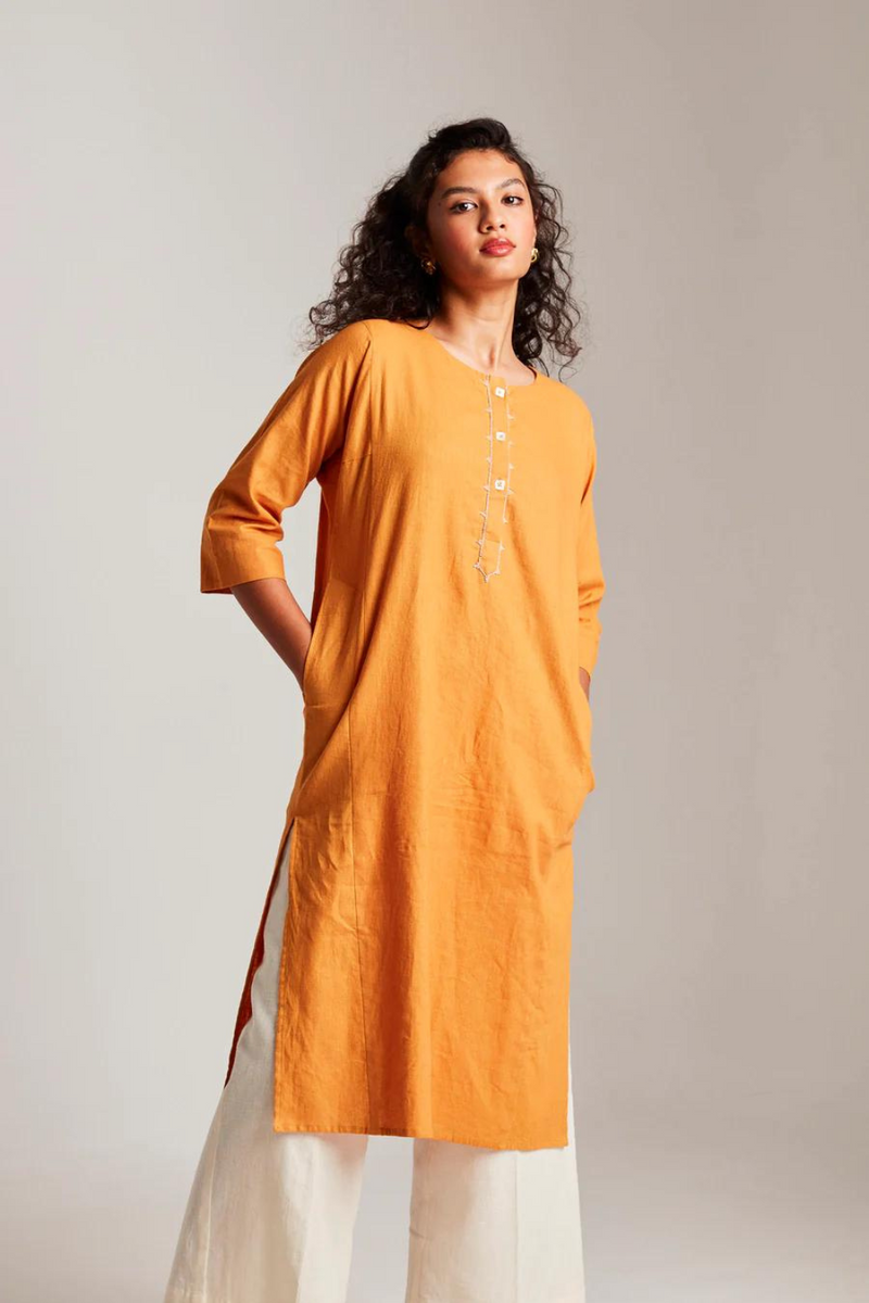 Mango Co-Linen Beaded Placket Kurta set without dupatta cotton by Saphed in mustard color for women Worldwide