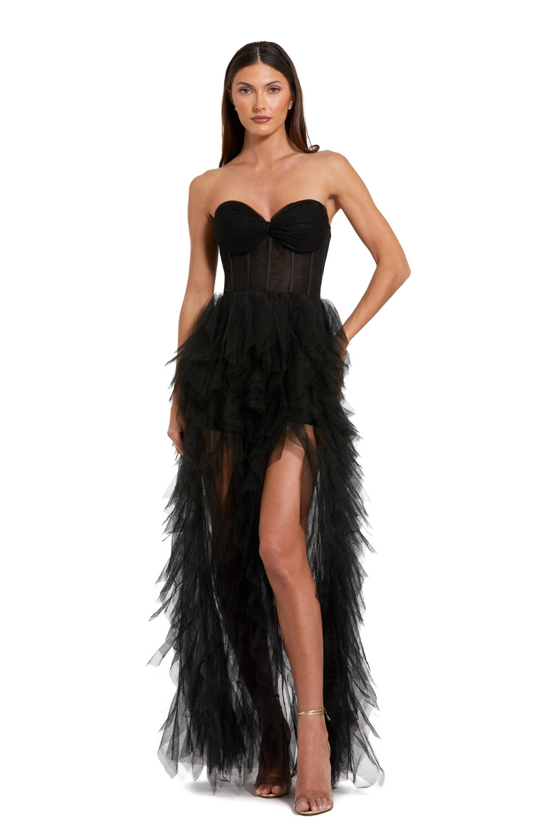 27532-Net Gown with Spiral Ruffles-Black by Mac Duggal in black color for women Worldwide