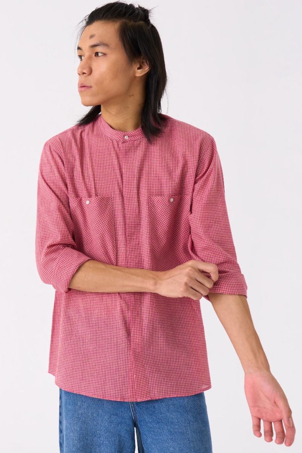 BAND COLLAR SHIRT - PINK CHECK