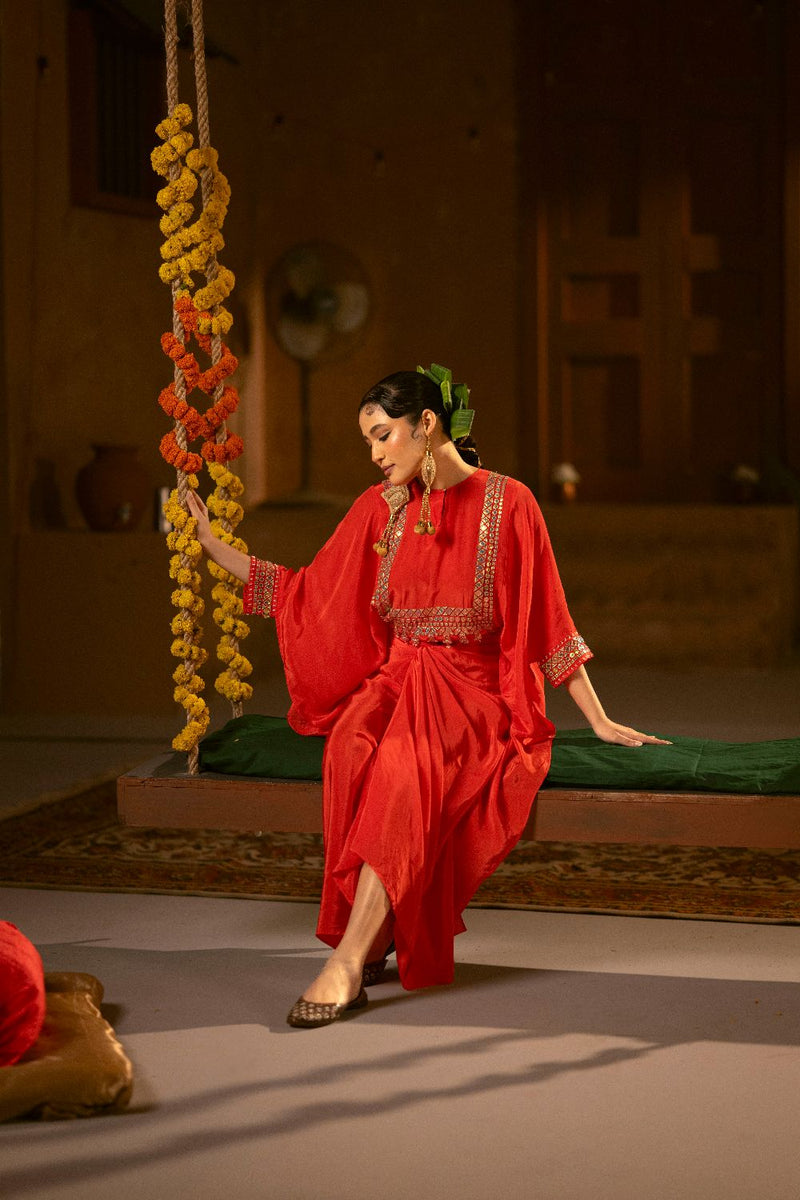 Ramani Nexa Red Hi Low Top & Wrap Skirt Set- Red silk by PRAHNAAYA in red color for women Worldwide