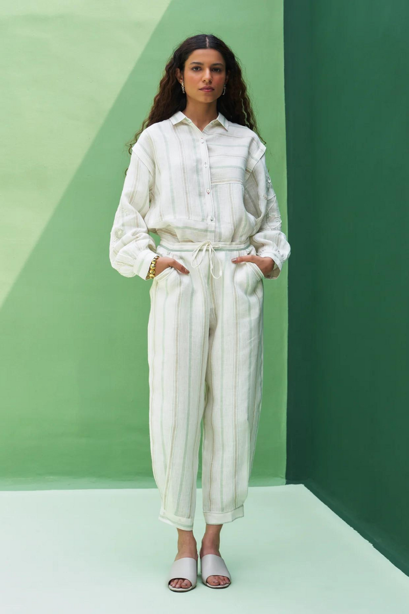 Iona Striped Linen Pant
 - Mint linen by Manan in mint color for women Worldwide