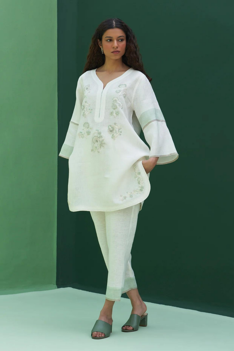 Insha Hand-Embroidered Kurta
 - Ivory linen by Manan in ivory color for women Worldwide