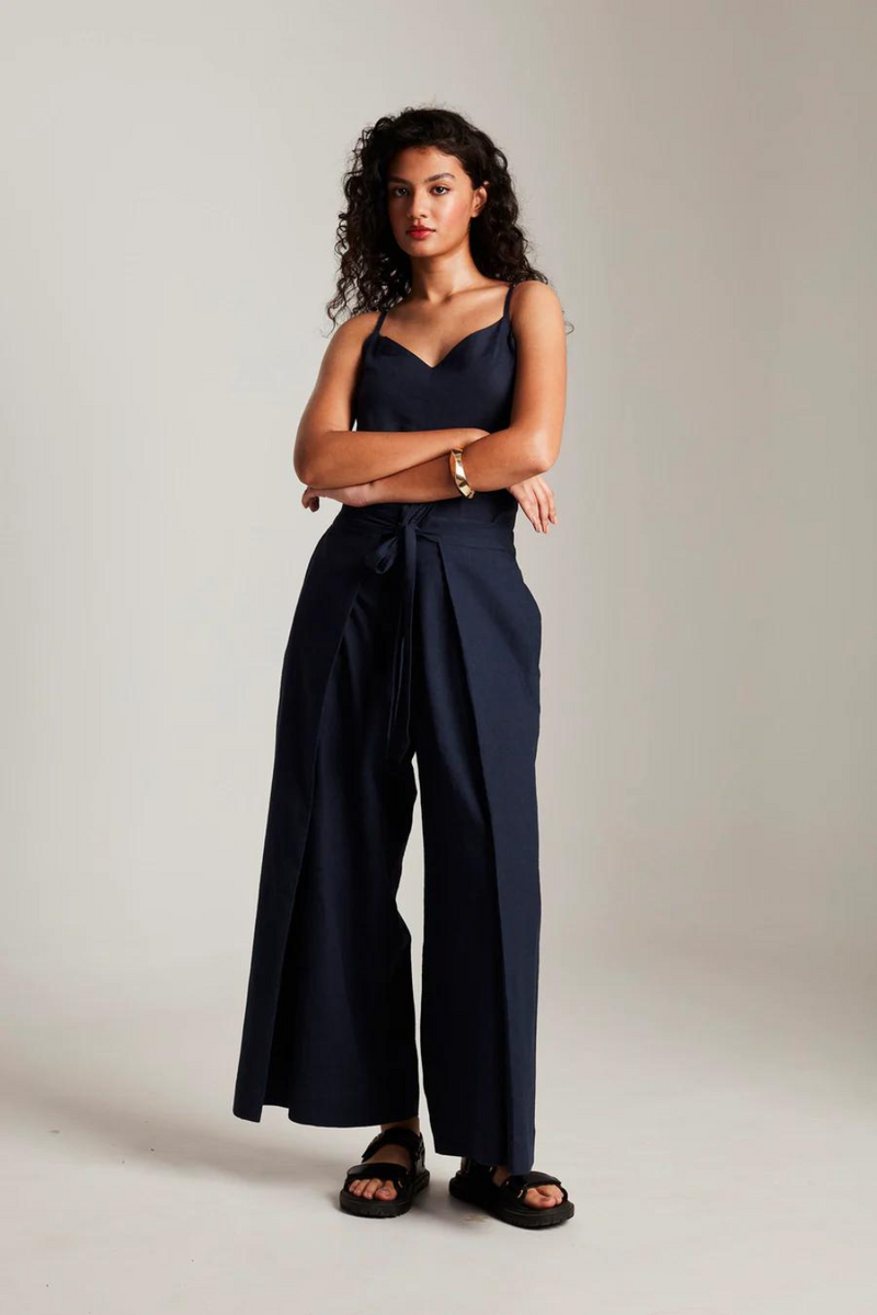 Navy Co-Linen Wrap Pants cotton by Saphed in navy color for women Worldwide