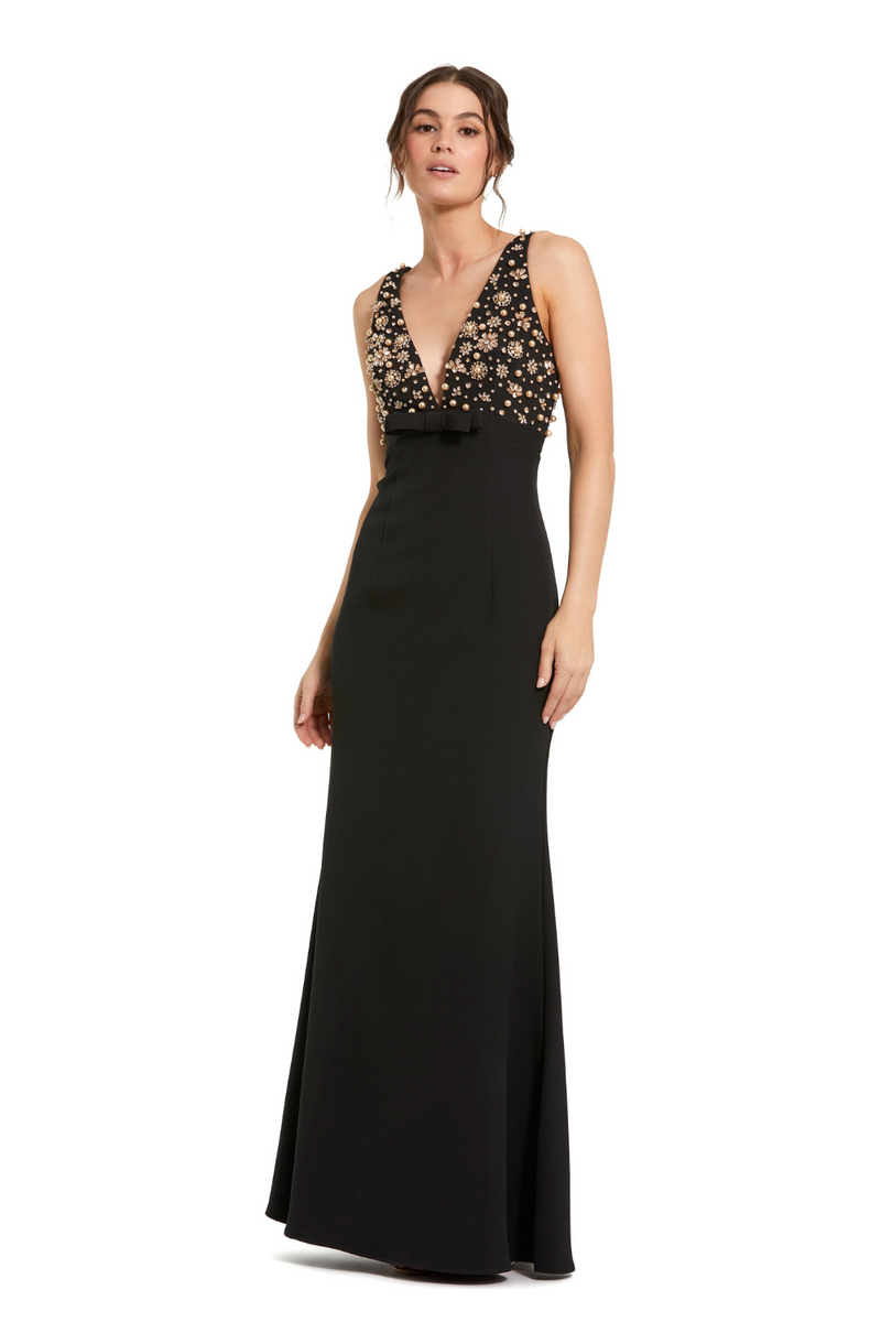2278-V Neck Gown With Bow-Black by Mac Duggal in black color for women Worldwide