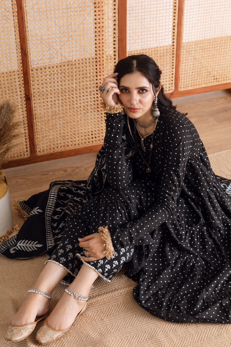 Raat Rani Set - black hand printed cotton kalidar suit set cotton by Maison Shefali in black color for women Worldwide