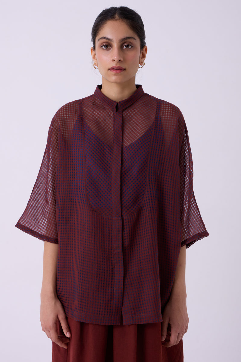 Zuri Blue Checkered HandwovenTop handwoven silk cotton top/shirt by The Summer House in blue for women Worldwide